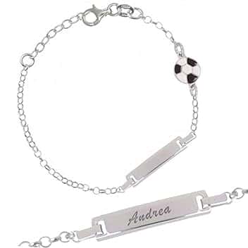 Sakrami Bracciale in Argento 925 + Piastrina Personalizzabile con Nome + Pallone da Calcio Smaltato + Idea Regalo Bambino + Braccialetto Sportivo per Nascita, Battesimo, Comunione, Compleanno