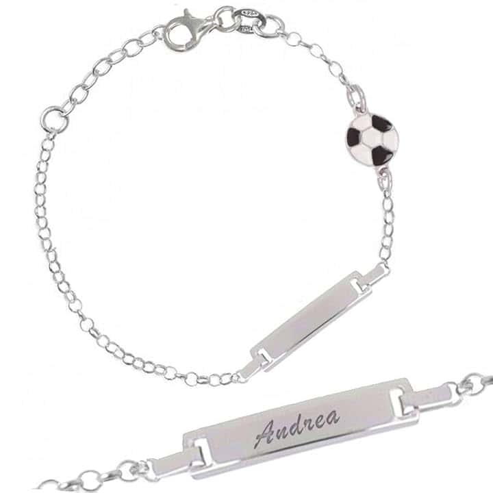 Sakrami Bracciale in Argento 925 + Piastrina Personalizzabile con Nome + Pallone da Calcio Smaltato + Idea Regalo Bambino + Braccialetto Sportivo per Nascita, Battesimo, Comunione, Compleanno