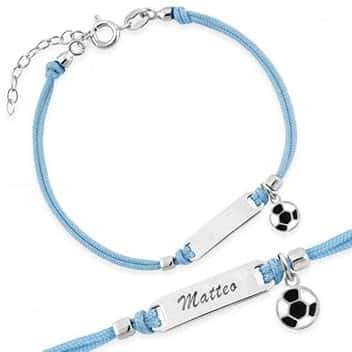 Sakrami Bracciale Argento 925 Bimbo Cordoncino Azzurro Pallone da Calcio Piastrina Incidibile Kids Collection + Confezione Regalo Personalizzata - Braccialetto per Nascita Comunione o Battesimo