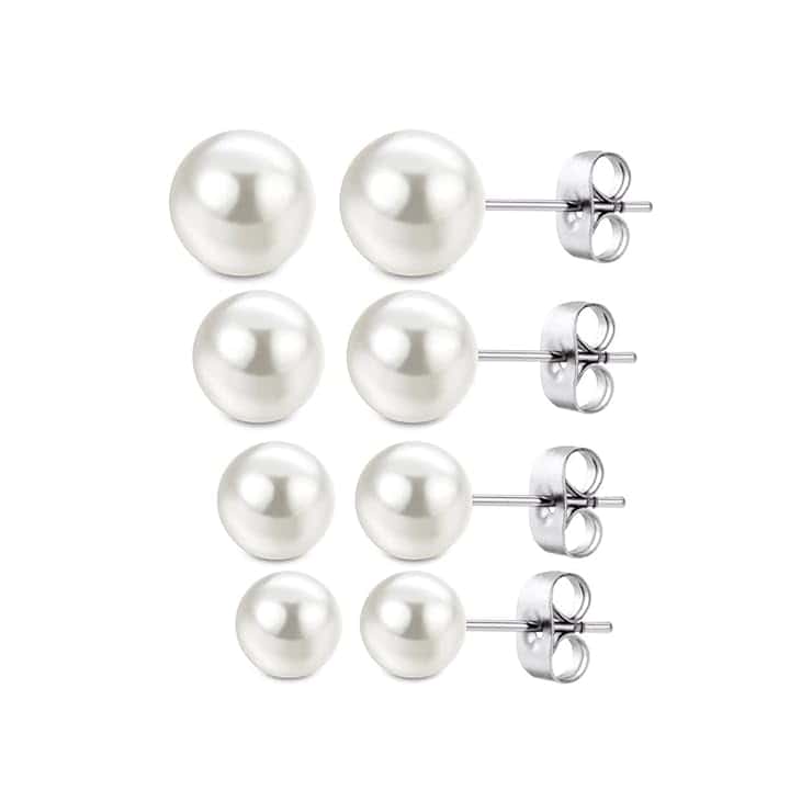 PLABBDPL 4 Paia Orecchini Perline Argento 925, Orecchini di Perle da Donna - Orecchini di Perle Sfera Rotonda, Ipoallergenici Orecchio Gioielli,Taglie Miste 4mm /6mm / 8mm / 10mm