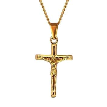 DVRK Crocifisso Collana Uomo Oro 18k o Argento su Base di Acciaio Inossidabile 316L - Collana Uomo Croce 55 cm Resistente all'Acqua - Rosario, Crucifix, Cross, Regalo