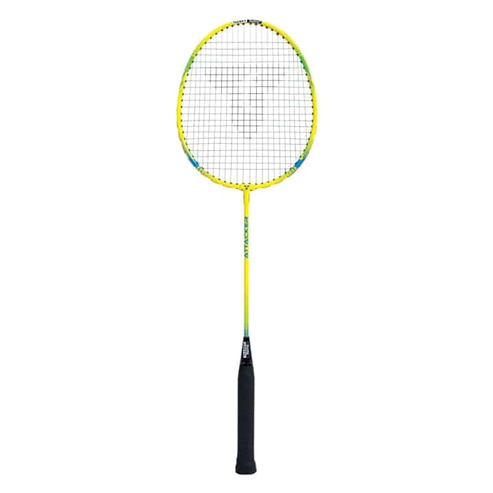 Talbot-Torro Racchetta da Badminton Attacker, per Principianti, in Acciaio Temprato, Forma Classica della Testa, Giallo/Blu, 429806