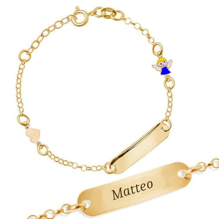 Sakrami Bracciale Argento 925 Bimbo Piastrina Personalizzabile con Nome e Angioletto Smaltato Blu Kids Collection + Confezione Regalo Personalizzata - Braccialetto per Nascita Comunione o Battesimo