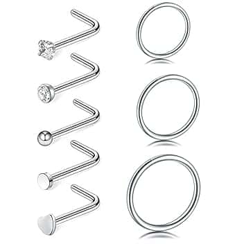 COYUN 8 pezzi Piercing Naso acciaio chirurgico piercing naso cerchio Argento C forma anello Piercing Naso Orecchini Piccolo Piercing Anello Naso per donne uomini,6/8/10mm Nostril Piercing