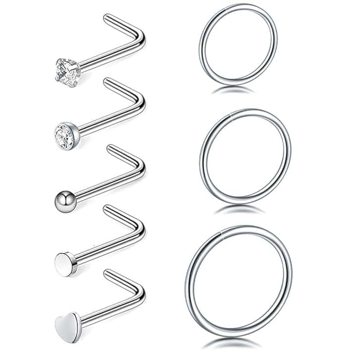 COYUN 8 pezzi Piercing Naso acciaio chirurgico piercing naso cerchio Argento C forma anello Piercing Naso Orecchini Piccolo Piercing Anello Naso per donne uomini,6/8/10mm Nostril Piercing