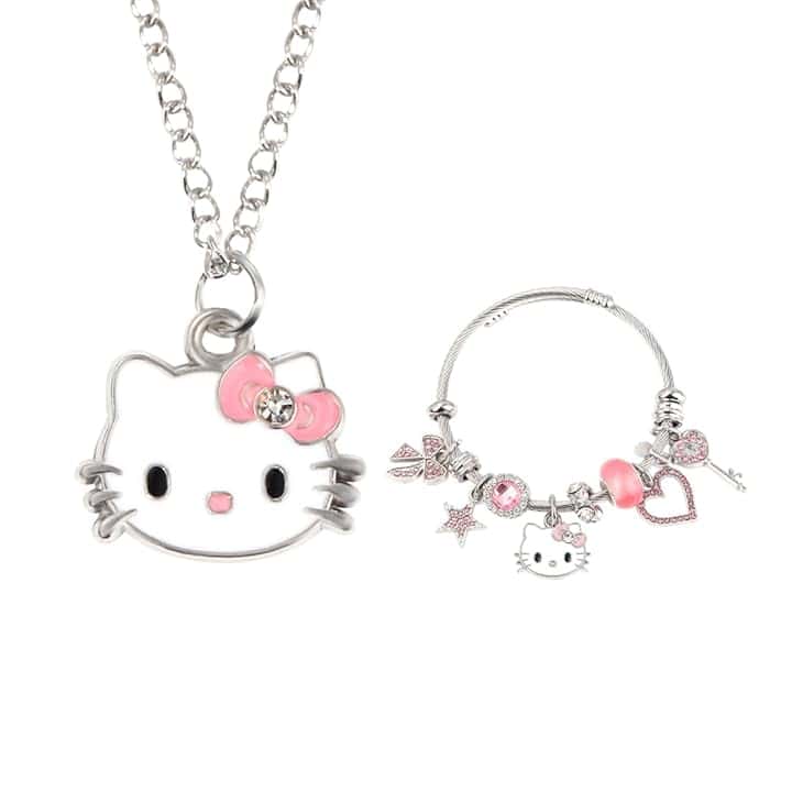 Gkaopi 2 Pezzi Cute Gatto Collana Pendente Braccialetti per Bambina, Anime Braccialetti Collane Gatto Gioielli Donna, Collanine Regolabile per Regalo Ragazze Compleanno