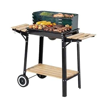 aro Barbecue a Carbonella, Acciaio/Legno, 2 Griglie ad Altezza Regolabile, 2 Tavolini Laterali, Ruote, Paravento, Verde