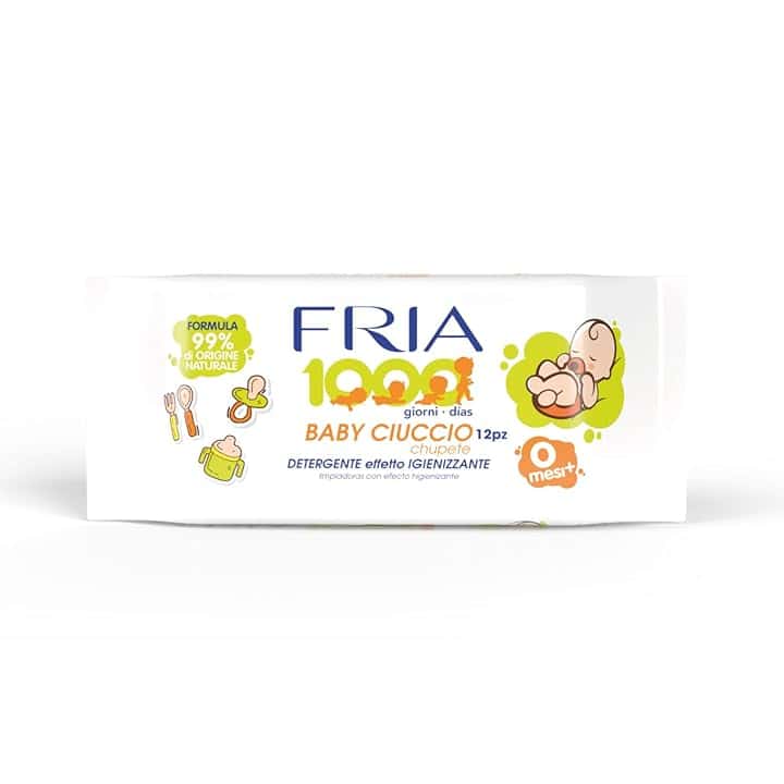 Fria Baby Ciuccio Salviette Pulisci Ciuccio, Biberon e Tettarelle, Con Azione Igienizzante - Formula 99% di Origine Naturale, Pratica Confezione da Borsa con 12 Salviette