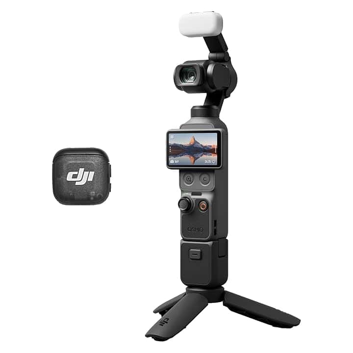 DJI Osmo Pocket 4 Combo Creator, fotocamera stabilizzata tascabile per vlog, CMOS da 1″ e 4K/240fps, stabilizzazione a tre assi, zoom senza perdita 2×, 107 GB di memoria integrata, Trasmettitore Mic 3