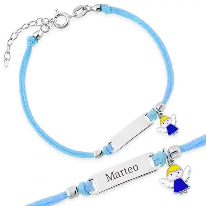 Sakrami Braccialetto Argento 925 con Cordoncino Blu e Charm Angioletto Kids Collection + Confezione Regalo Personalizzata - Braccialetto per Nascita Comunione o Battesimo