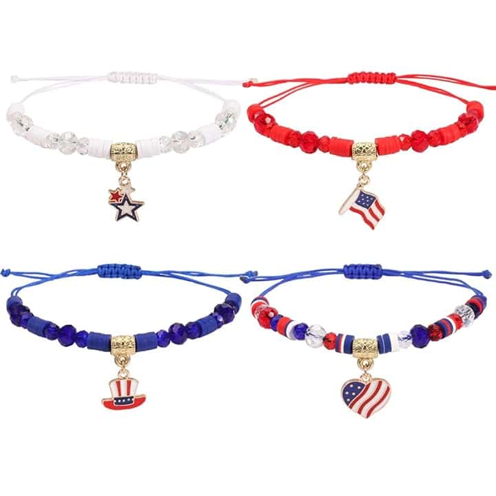 OIDIMS 4 braccialetti patriottici USA per donne, uomini, ragazze, ragazzi, 4 luglio, bandiera americana, tema tessitura, braccialetto regolabile impilabile con perline multistrato Boho Freedom Giorno