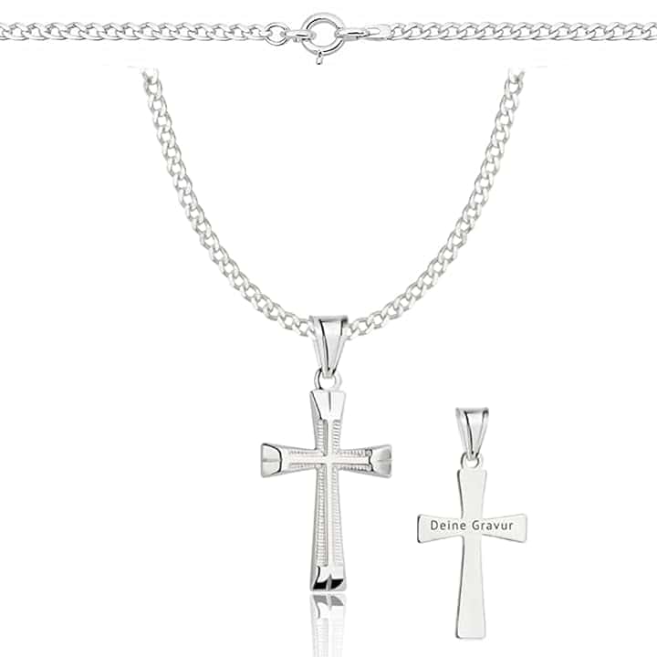 ZELYA Collana in argento 925 con croce a maglia barbazzale per ragazze e ragazzi – 45 – 60 cm catena comunione con croce, catena per bambini per comunione e battesimo, confezione regalo con incisione