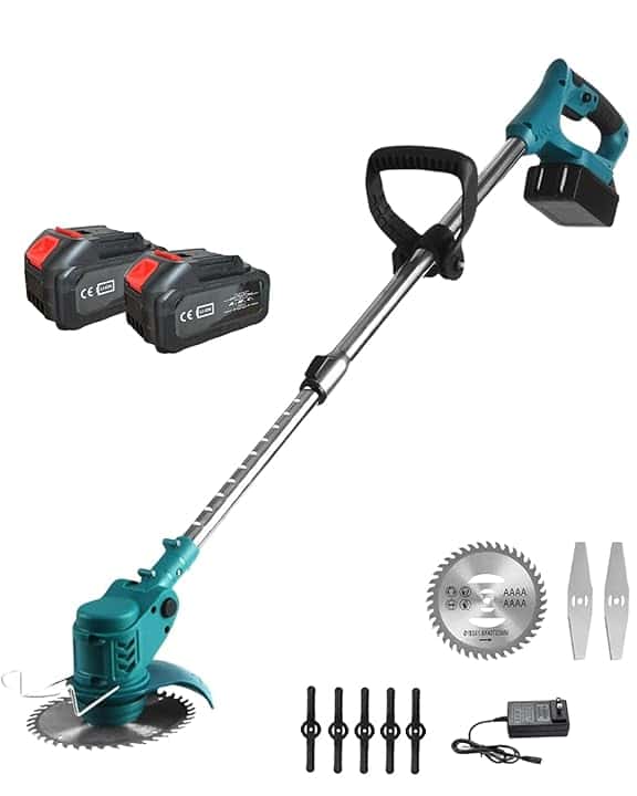 A.M.C. Decespugliatore Elettrico a Batteria, Tagliabordi tagliaerba a Batteria con 2 Batterie, 3 Tipi lame, Altezza e Angolazione regolabili, Per Il Taglio Di Giardini, Prati E Terreni