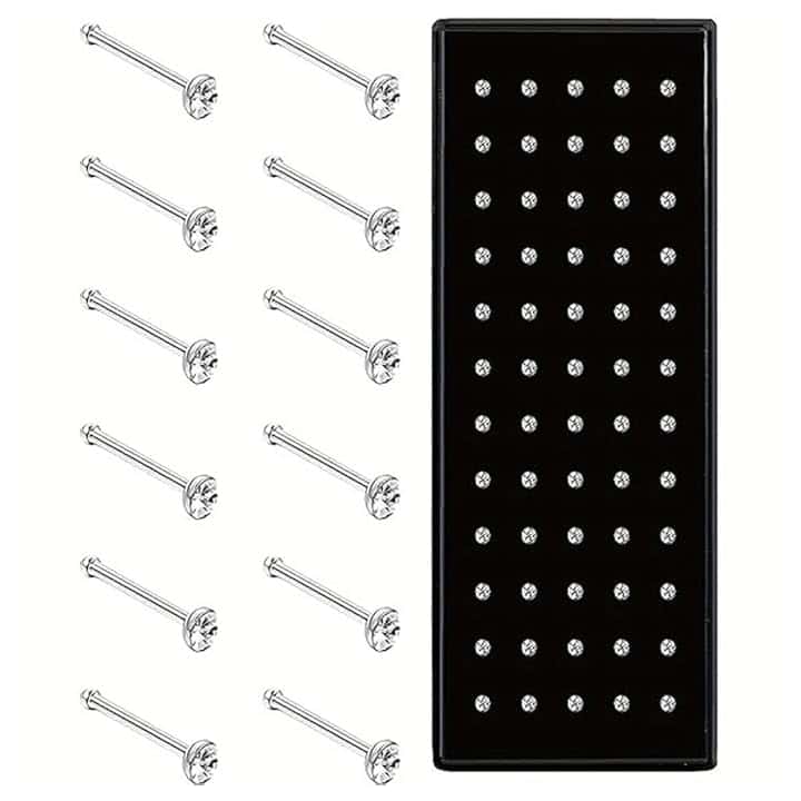JEXOWIQ 60 Pcs Piercing Naso Brillantino, Acciaio Inossidabile, Forma di I, Cristallo, Ipoallergenico, Orecchini Naso