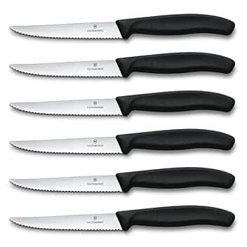 Victorinox Set di Coltelli Bistecca e Pizza Professionali Swiss Classic, 6 Pezzi, Coltelli da Tavola, Lame Affilate Ondulate, 11 cm, Manici in Plastica, Nero