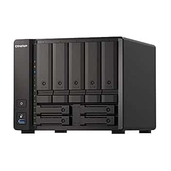 QNAP 9-Bay QuTS hero NAS TS-H973AX-8G Up to 9 HDD/SSD Hot-Swap. Ryzen V1500B Quad-Core. Processor frequency 2.2 GHz. 8 GB. DDR4. 2x2.5GbE. 1x10GbE. 1xUSB Type-C 3.2 Gen 2. 3xUSB Type-A 3.2 Gen 2