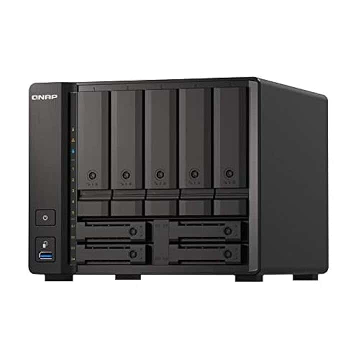 QNAP 9-Bay QuTS hero NAS TS-H973AX-8G Up to 9 HDD/SSD Hot-Swap. Ryzen V1500B Quad-Core. Processor frequency 2.2 GHz. 8 GB. DDR4. 2x2.5GbE. 1x10GbE. 1xUSB Type-C 3.2 Gen 2. 3xUSB Type-A 3.2 Gen 2