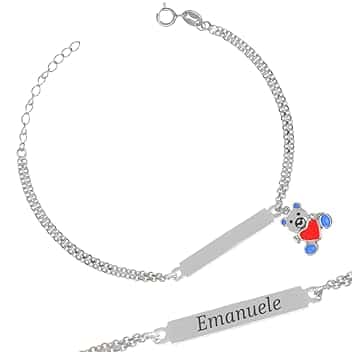 Sakrami Bracciale in Argento 925 con Piastrina Personalizzabile con Nome e Orsetto Smaltato + Idea Regalo Bambina e Bambino - Braccialetto Dolce per Nascita, Battesimo, Comunione, Compleanno