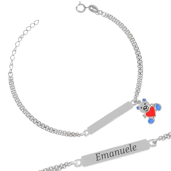 Sakrami Bracciale in Argento 925 con Piastrina Personalizzabile con Nome e Orsetto Smaltato + Idea Regalo Bambina e Bambino - Braccialetto Dolce per Nascita, Battesimo, Comunione, Compleanno