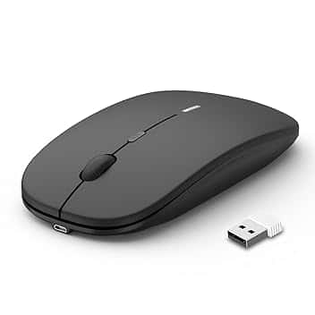 Mouse wireless silenzioso USB senza fili, sottile, ricaricabile, 10 m di distanza, 1600 DPI, 3 livelli di regolazione, silenzioso, per casa e ufficio per Windows, Mac OS e Linux, nero
