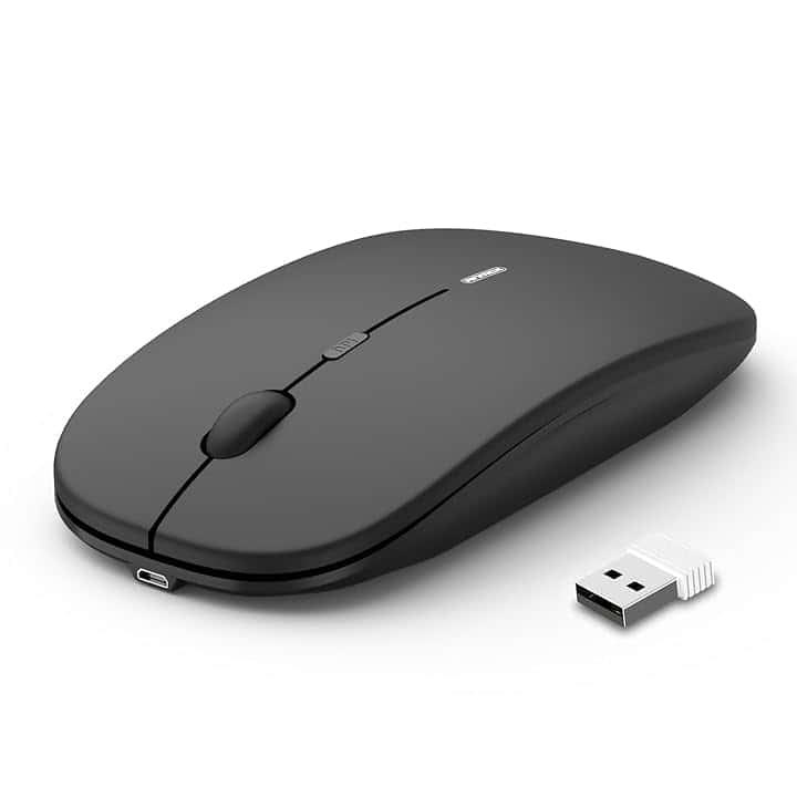 Mouse wireless silenzioso USB senza fili, sottile, ricaricabile, 10 m di distanza, 1600 DPI, 3 livelli di regolazione, silenzioso, per casa e ufficio per Windows, Mac OS e Linux, nero
