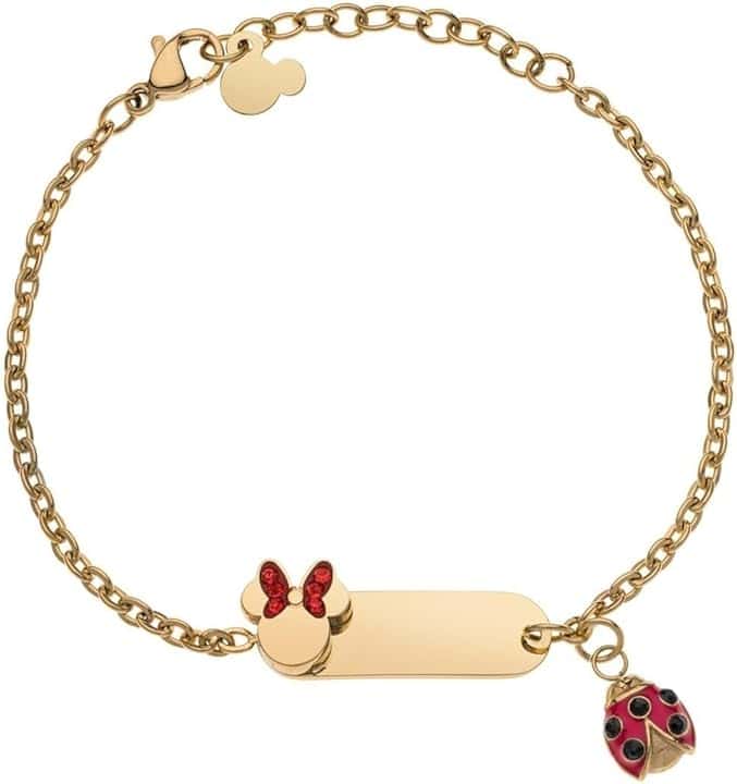 Disney Bracciale Lucky Minnie Collezione Acciaio, Colore Oro, con Coccinella Rossa, Gioielli Bambine e Bambini, 18cm