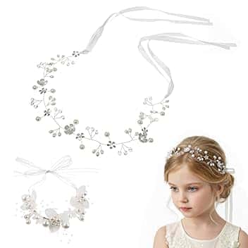 YUZNA YUZNA 1 Accessorio per Capelli + 1 Braccialetto, adatto per Spose, Donne e Prima Comunione, Matrimonio, Fiori per Capelli, Bambini, Corona di Fiori, Cerchietto, Coroncina con Braccialetto (Argento)