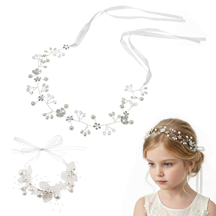 YUZNA YUZNA 1 Accessorio per Capelli + 1 Braccialetto, adatto per Spose, Donne e Prima Comunione, Matrimonio, Fiori per Capelli, Bambini, Corona di Fiori, Cerchietto, Coroncina con Braccialetto (Argento)