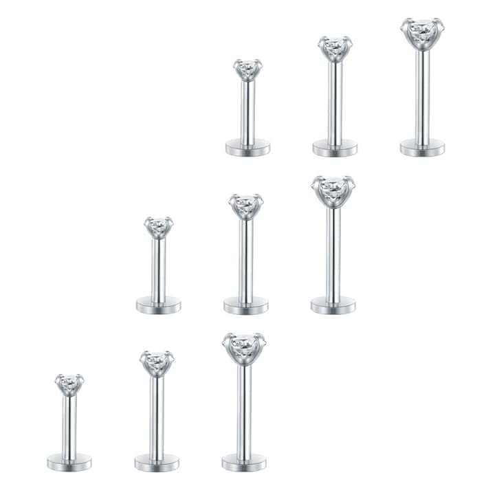 MODRSA 16G 2-4mm Chiaro CZ Labret Piercing Labbro Acciaio Chirurgico Trago Helix Orecchio Piercing Anello 6-10mm 9 Pezzi