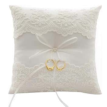 Voarge Voarge Cuscino per fedi nuziali, con pizzo e fiore, Cuscino Porta Anelli Ricamato Floreale Bianco