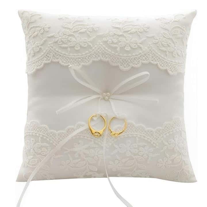 Voarge Voarge Cuscino per fedi nuziali, con pizzo e fiore, Cuscino Porta Anelli Ricamato Floreale Bianco