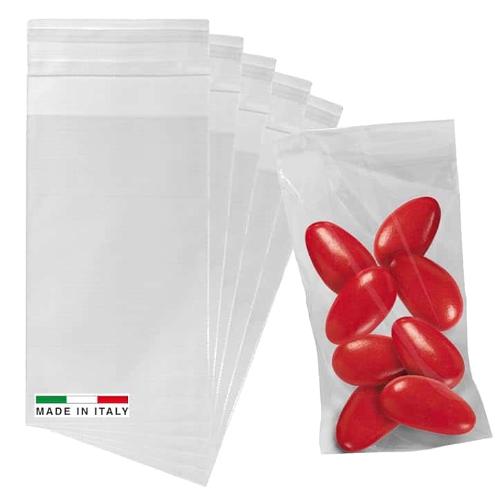Lage 100 Bustine Trasparenti 6 x 10 cm per Confetti con Chiusura Adesiva - Buste Sacchettini Piccoli di Plastica per Alimenti, Confettata, Bomboniera, Cerimonia con Aletta Adesiva