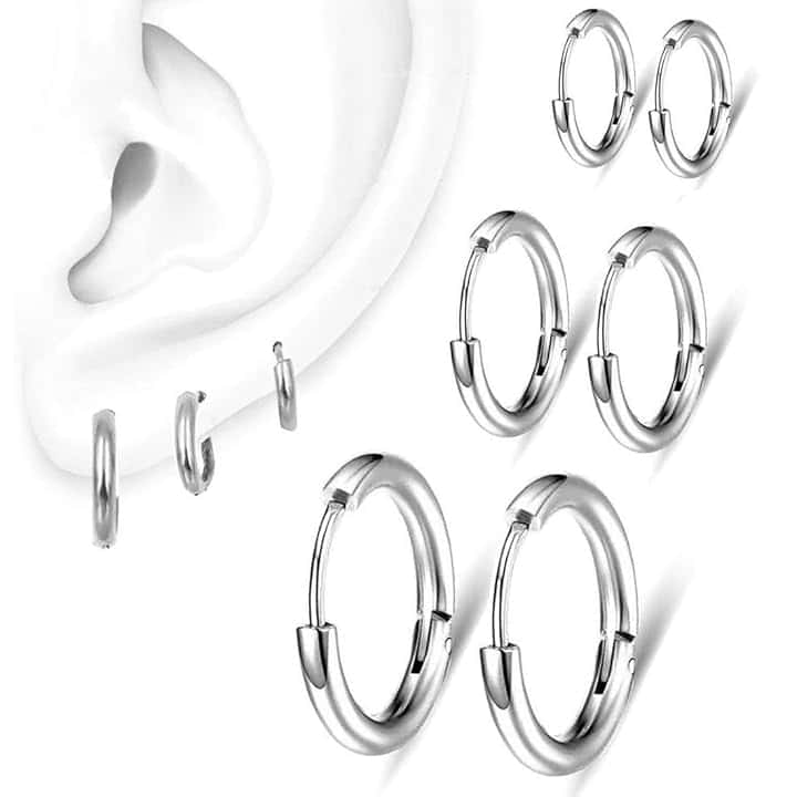 VZUHSW 3 paia di orecchini a cerchio in acciaio inossidabile, orecchini a cerchio per cartilagine, anelli da naso labbro, per donna uomo 8/10/12 mm (argento)