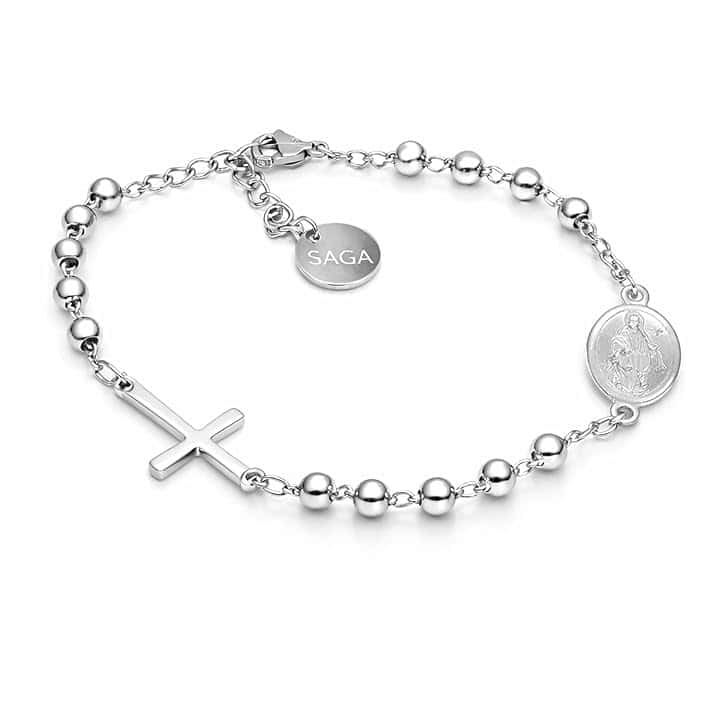 SAGA GIOIELLI Bracciale Rosario Uomo Donna in Acciaio Inossidabile – Braccialetto Religioso con Croce e Medaglia, Sfere 4 mm, Lunghezza Regolabile 16,5 + 3,5 cm – Idea Regalo Fede Elegante