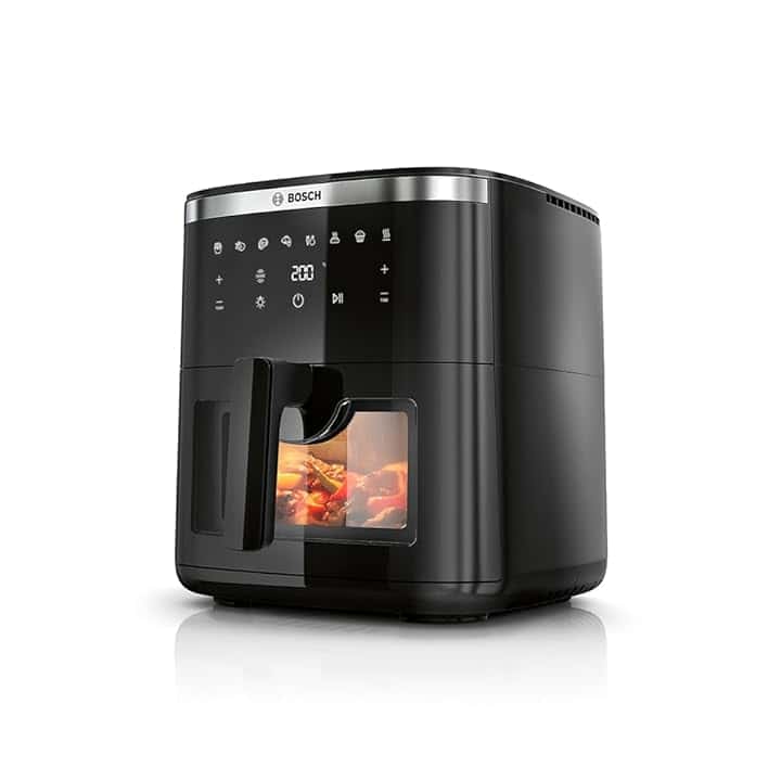 Bosch Serie 6 Friggitrice ad Aria MAF671B0, Air Fryer XXL, Capacità 7,2 L, 7 Programmi Preimpostati, Finestra sul Cestello Illuminata, Cottura Fino al 65%* Più Veloce, Nero