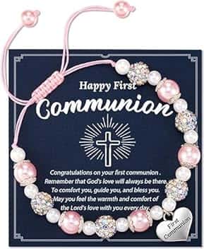 YUEXNKO Bracciale di Perle e Croce, Regali per la Prima Comunione per Ragazza, Comunione Bracciale, Braccialetto Regolabile, per Ragazze Regalo di Battesimo