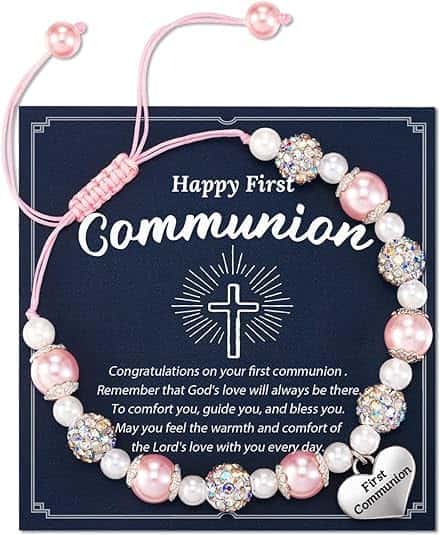YUEXNKO Bracciale di Perle e Croce, Regali per la Prima Comunione per Ragazza, Comunione Bracciale, Braccialetto Regolabile, per Ragazze Regalo di Battesimo