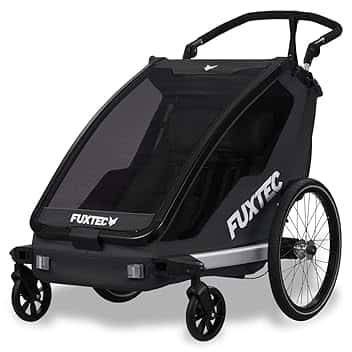 Fuxtec Carrello rimorchio per Bici Sportfux FX-FA1 con 2 Posti a Sedere, Borsa Posteriore con Riflettori, Maniglia adattabile, Protezione da Pioggia e Sole, Pieghevole