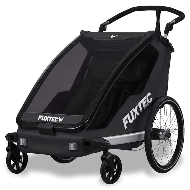 Fuxtec Carrello rimorchio per Bici Sportfux FX-FA1 con 2 Posti a Sedere, Borsa Posteriore con Riflettori, Maniglia adattabile, Protezione da Pioggia e Sole, Pieghevole