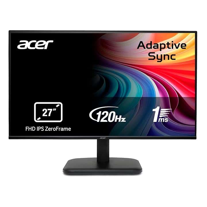 acer EK271Gbif Monitor PC 27", Display IPS Full HD, 120 Hz, 1ms (VRB), 16:9, AdaptiveSync, VGA, HDMI 1.4, Lum 250 nits, Schermo PC con Contrasto 100M:1, ZeroFrame, Cavo HDMI Incluso, Nero