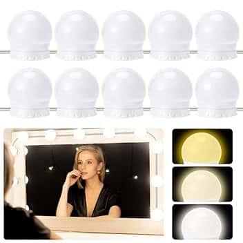 Auauraintt 10 luci LED per specchio dimmerabili Hollywood, 3 colori regolabili, lampada da toeletta, lampada da trucco, adatta per specchio da trucco, spogliatoio, bagno [classe energetica F]
