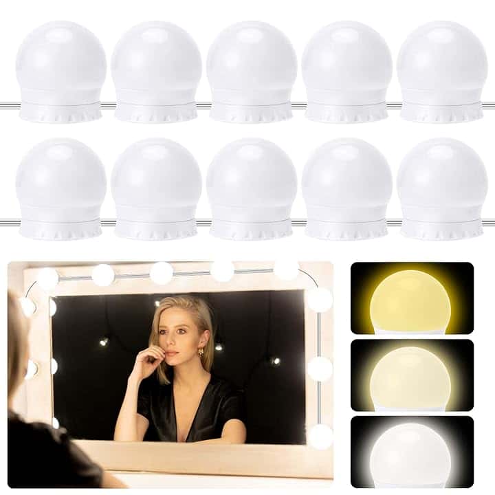 Auauraintt 10 luci LED per specchio dimmerabili Hollywood, 3 colori regolabili, lampada da toeletta, lampada da trucco, adatta per specchio da trucco, spogliatoio, bagno [classe energetica F]