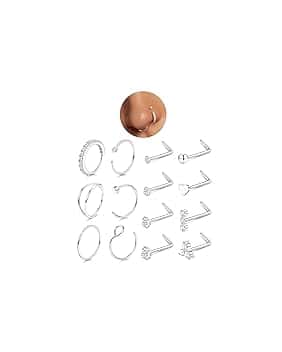 CASSIECA 14 Pezzi Piercing Naso Brillante Acciaio Chirurgico 20G L Naso Piercing CZ Piercing Anello Septum Piercing Argento Oro Nostril Borchi ClimeCo Certified
