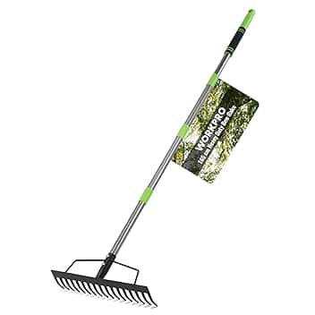 WORKPRO Rastrello ad Arco da Giardino con Manico, Rastrello a 17 Denti, Regolabile e Smontabile (86-165 cm), Rastrello per Foglie in Acciaio per Carichi Pesanti, Ideale per Rastrellare e Livellare