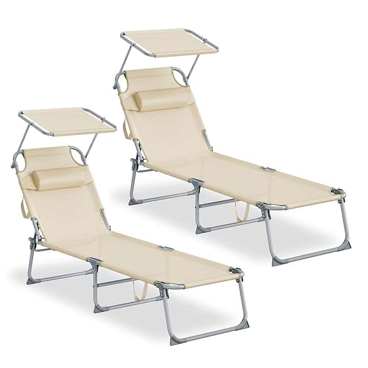 SONGMICS Set da 2 Sedie a Sdraio Pieghevoli, 189 x 53 x 28,5 cm, con Cusicni, Lettini Prendisole, Portata 110 kg Ciascuno, Parasole e Schienale Regolabili, per Terrazza e Balcone, Beige GCB292WZ02