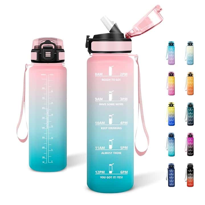 Borraccia Motivazionale 1L, Borraccia con Cannuccia, a Prova di Perdite, Bottiglia Acqua con Indicatore del Tempo, per Ufficio, Scuola, Yoga