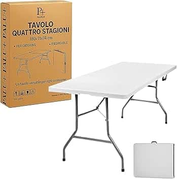 Tavolo Catering Rettangolare a Valigetta Bianco, Misura 180x71x74 cm, Tavolo Pieghevole in Resina e Metallo con maniglia per il trasporto, per giardino, fiera, pic nic, campeggio -344F