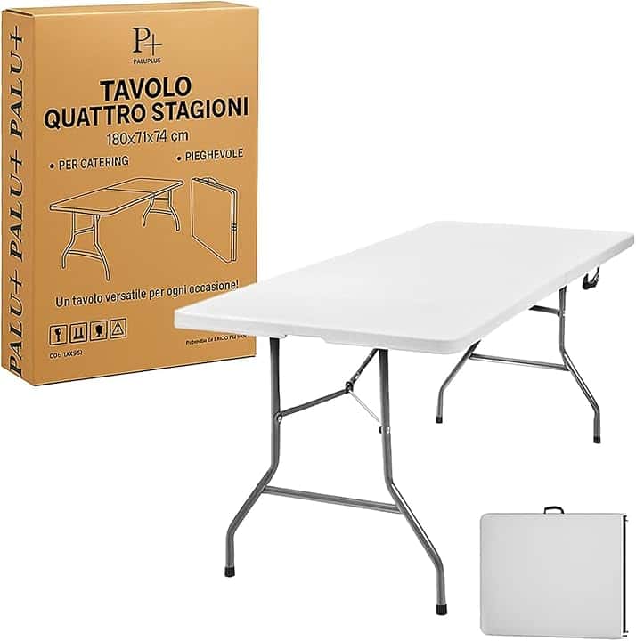 Tavolo Catering Rettangolare a Valigetta Bianco, Misura 180x71x74 cm, Tavolo Pieghevole in Resina e Metallo con maniglia per il trasporto, per giardino, fiera, pic nic, campeggio -344F