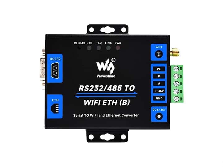 Waveshare Industrial Grade Serial Server RS232/485 to WiFi And Ethernet, Modbus Gateway, MQTT Gateway, Metal Case, Wail-Mount and Rail-Mount Support
