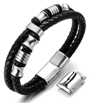 HALUKAKAH Bambini ● Assolo Junior ● Bracciale Ragazzo Maschio in Vera Pelle Cuoio Nero 6-12 Anni Perle in Argento/Oro Titanio Acciaio Chiusura Magnetica 7-8"(18-19.5cm) con Pacco Regalo Gratuita
